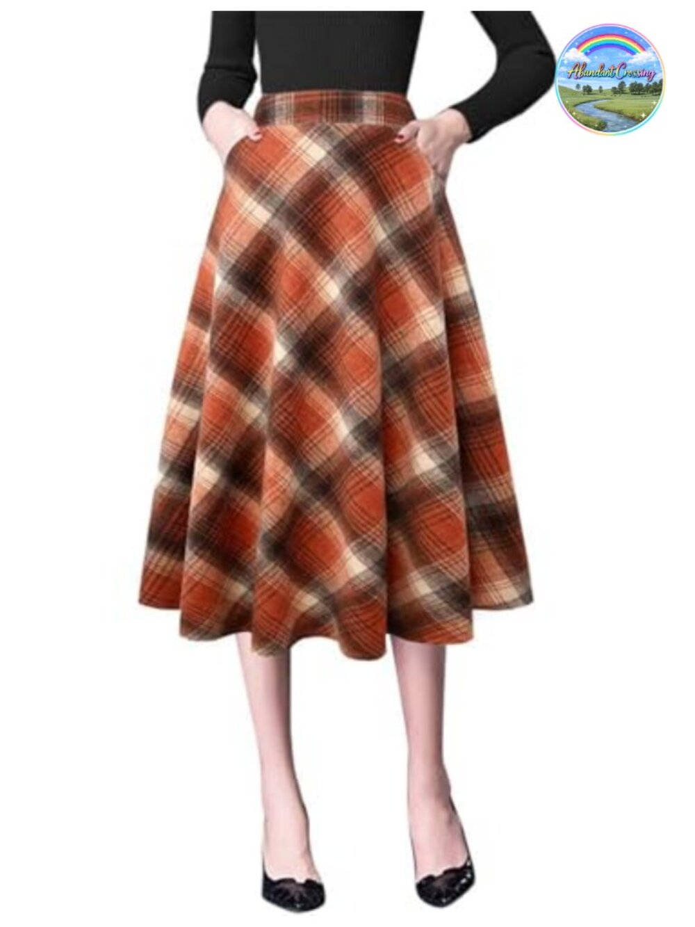 High Waist A-Line Pleated Midi Plaid Skirt Wool Blend